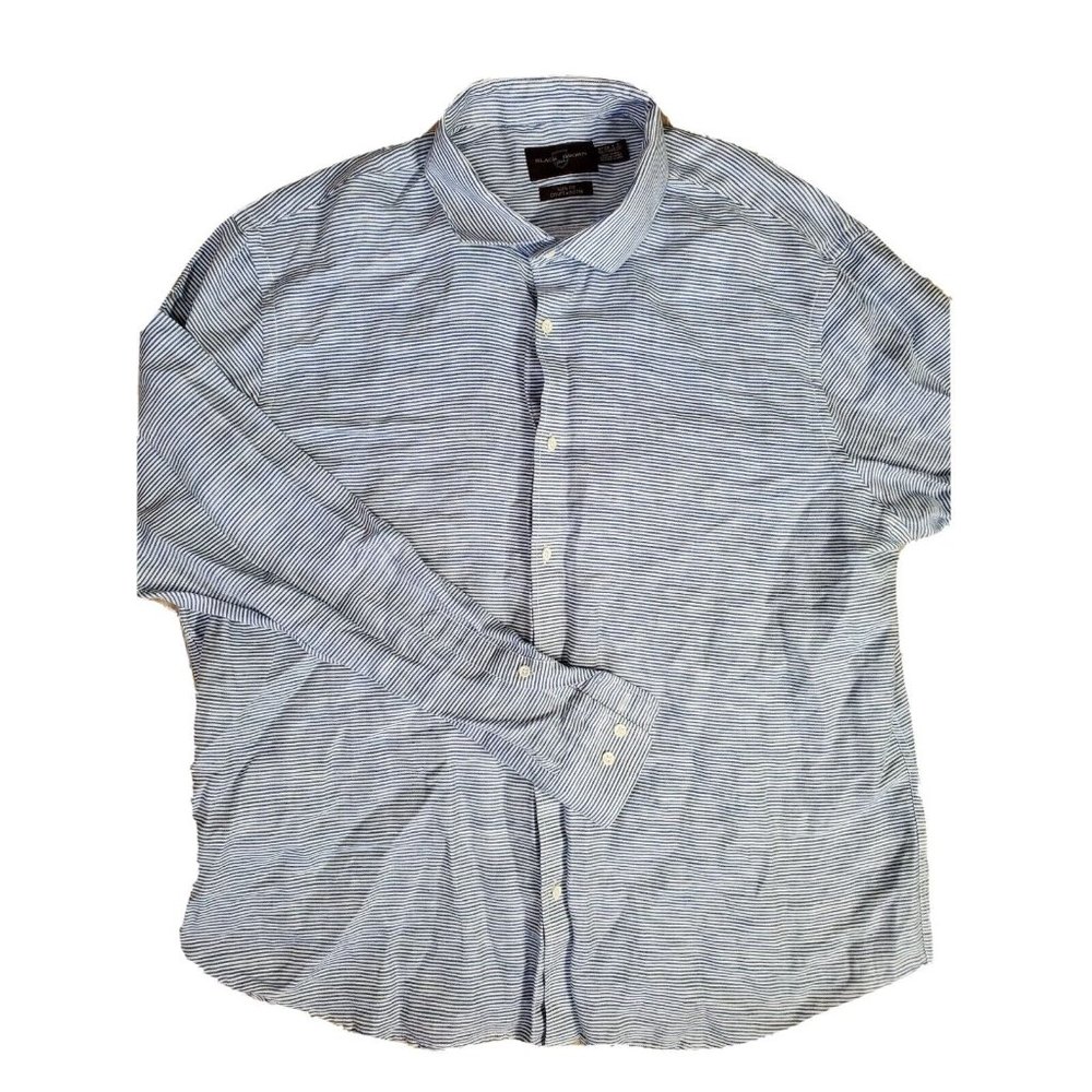 Black Brown 1826 Slim Fit Men's XXL Casual Button Shirt Blue Stripe Linen Blend